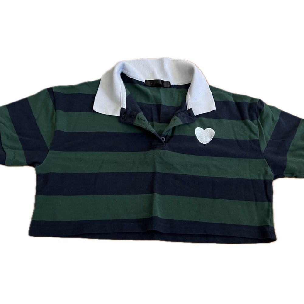 Dark green and blue striped, white collar crop top